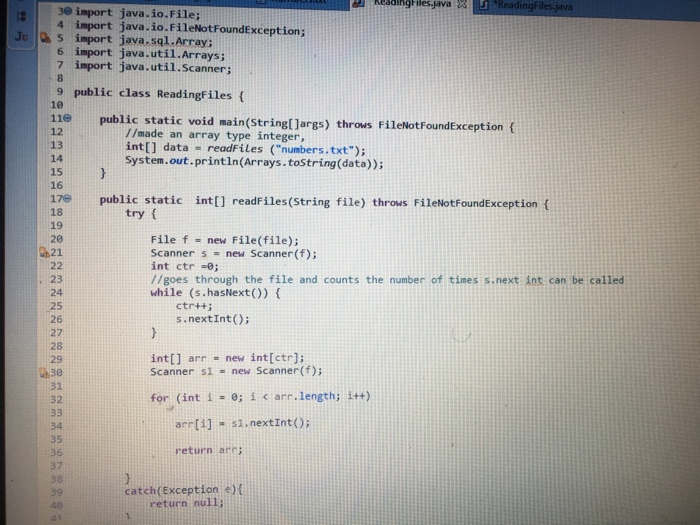 import java.io.File 4 import java.io.FileNotFoundException; Ju a5 import java.sql.Array; 6 import java.util.Arrays;