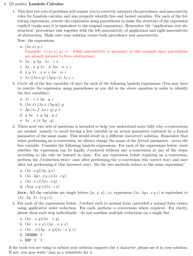  [25 points] Lambda Calculus This first two sets of problems will