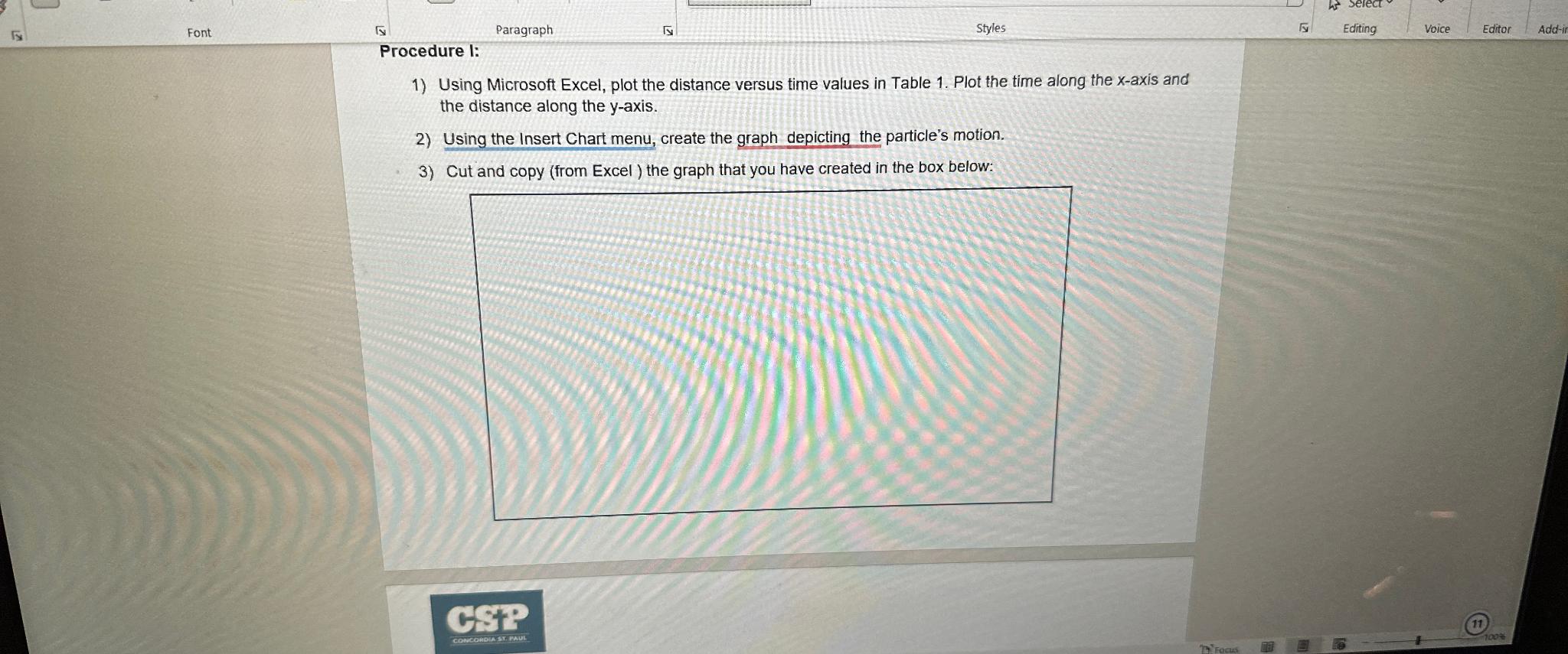  Procedure I: Using Microsoft Excel, plot the distance versus time values