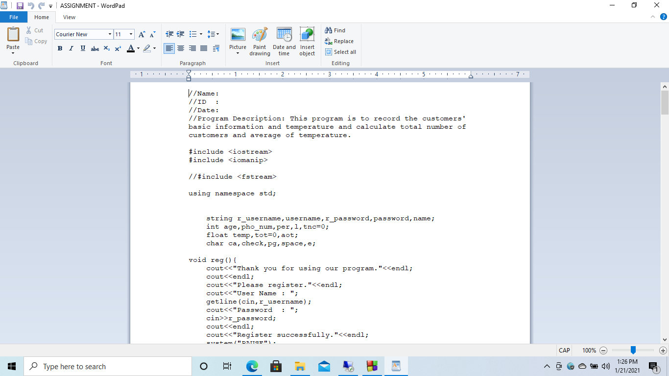 1. A working system written in the C++ programming language for a