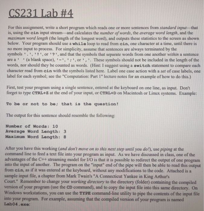  CS231 Lab #4 For this assignment, write a short program which