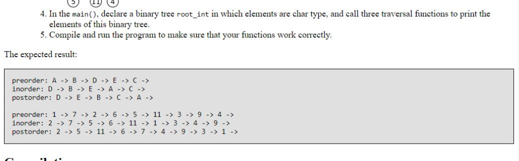 and implement functions preorder, inorder, and postorder in the file funcs.cpp //