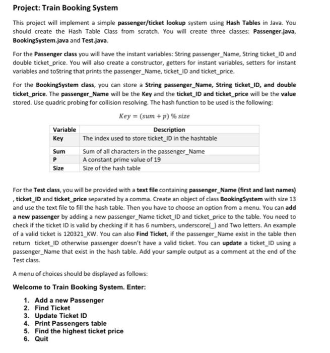 Project: Train Booking System This project will implement a simple passenger/ticket lookup