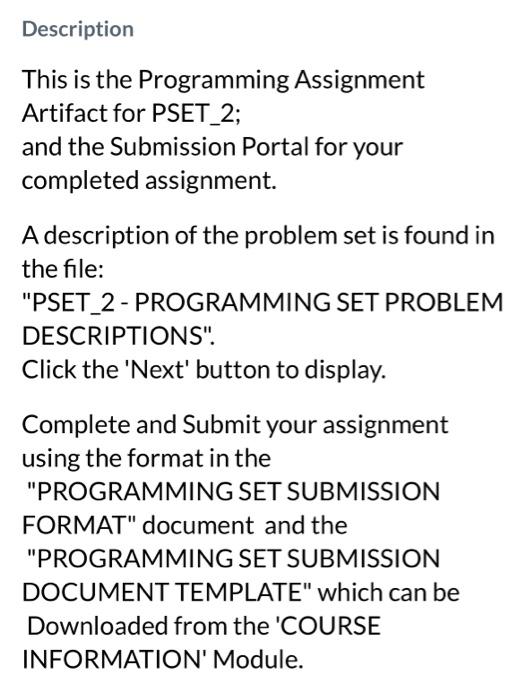  Description This is the Programming Assignment Artifact for PSET_2; and the