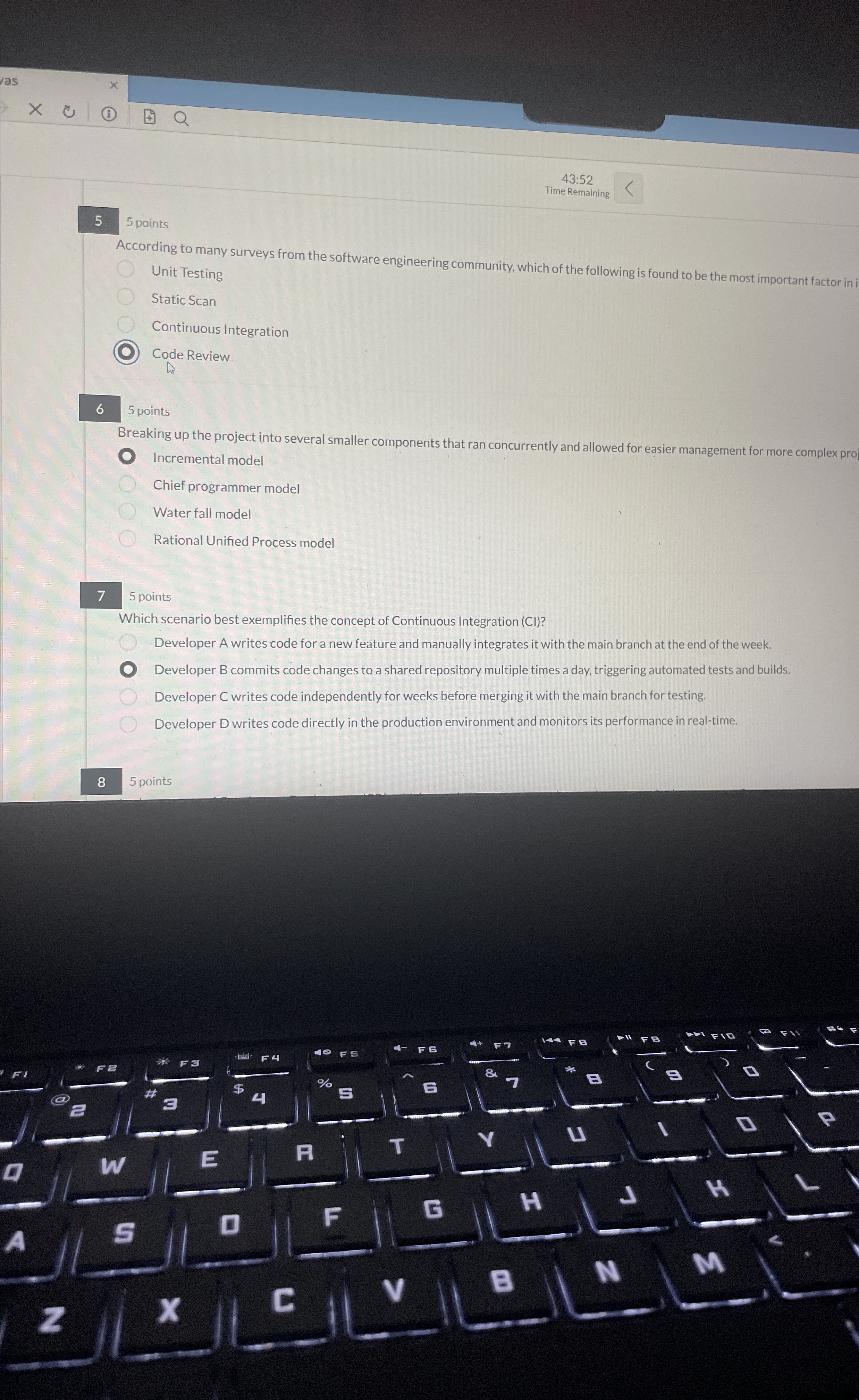  43:52 Time Remaining 5 5 points According to many surveys from