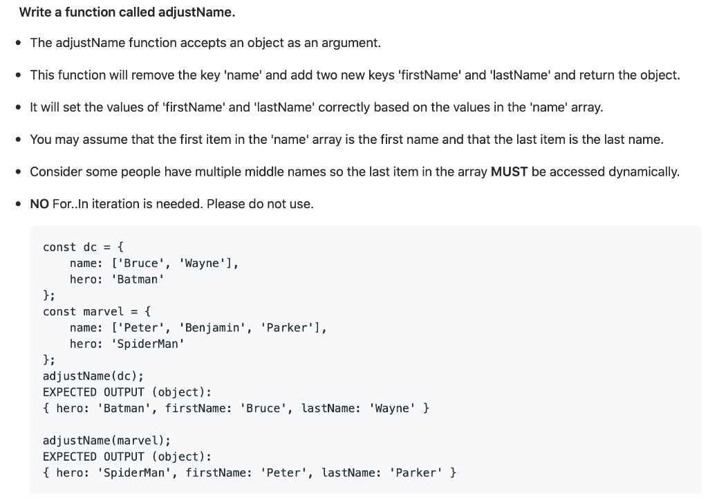Javascript ES6 Write a function called adjustName. The adjustName function accepts an