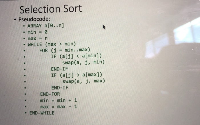  translate psuedocode to java Selection Sort . Pseudocode: . ARRAY a[e.n]