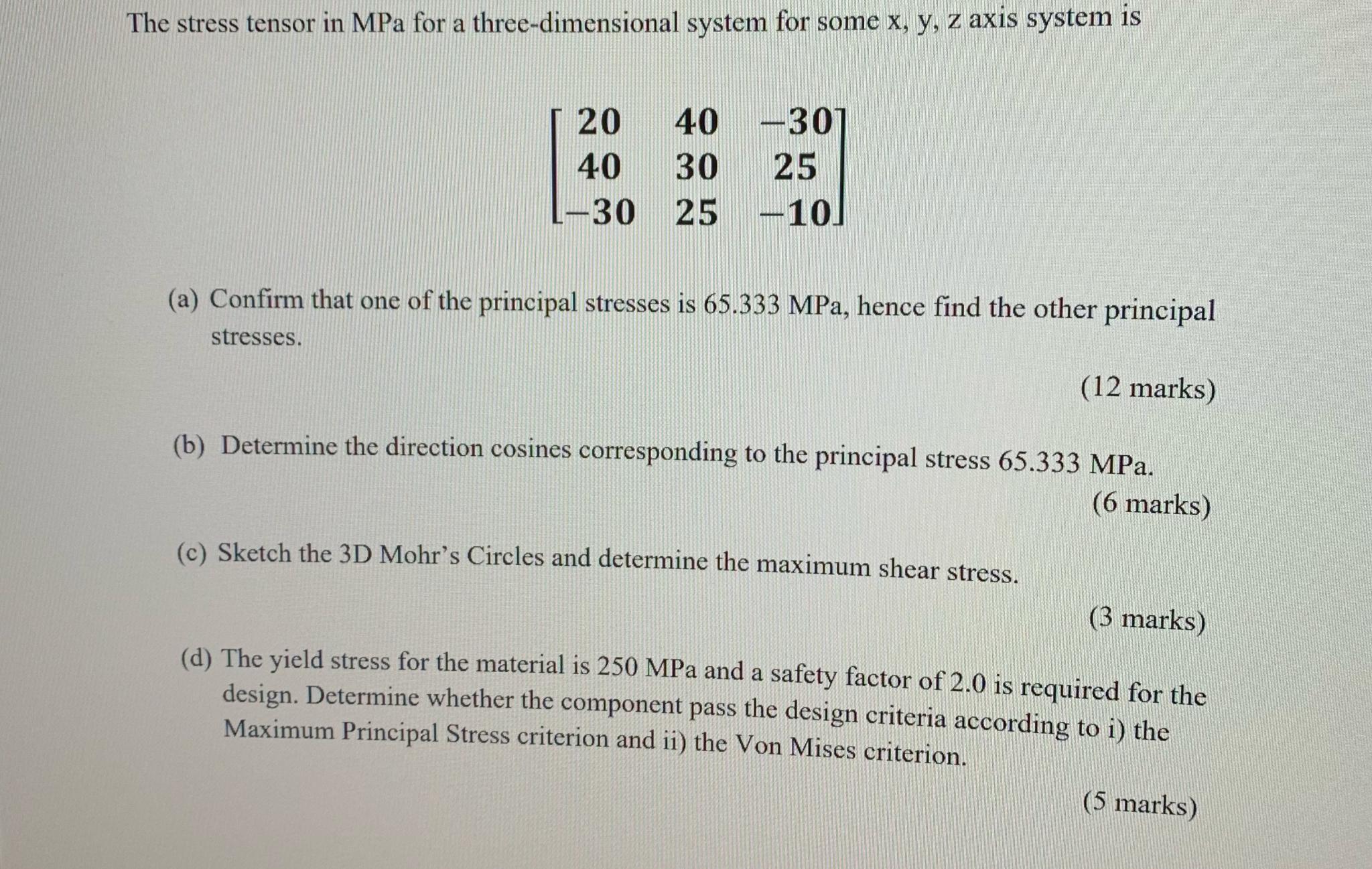  The stress tensor in MPa for a three-dimensional system for some