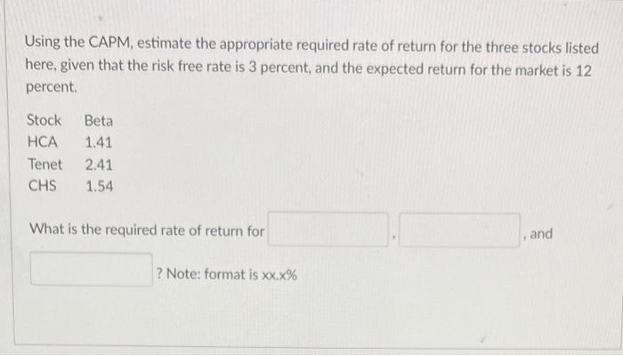  Using the CAPM, estimate the appropriate required rate of return for