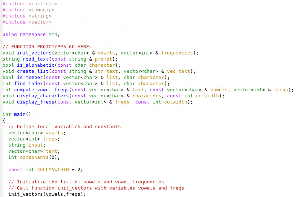 Hello, I am writing a program to compute the frequencies of vowels