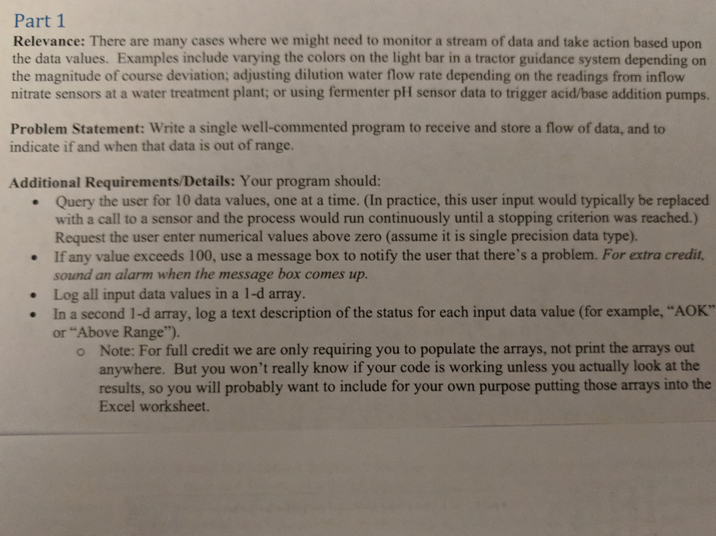 I need a VBA Code in excel for this problem. Part 1