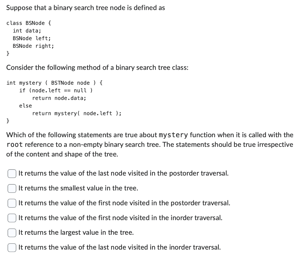  Suppose that a binary search tree node is defined as class