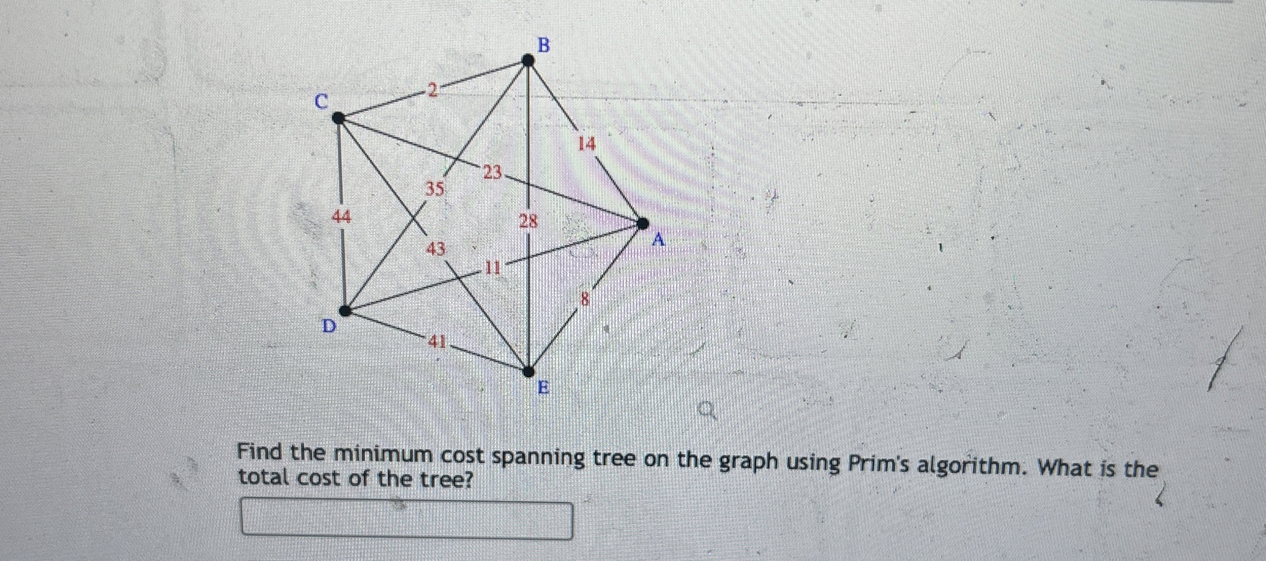  Find the minimum cost spanning tree on the graph using Prim's