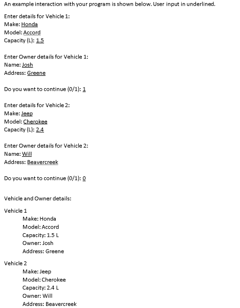 details of vehicles in file vehicle.txt, and 2) to store information about