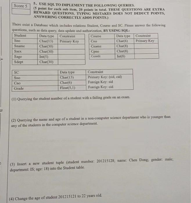  Score 5 5. USE SQL TO IMPLEMENT THE FOLLOWING QUERIES. (