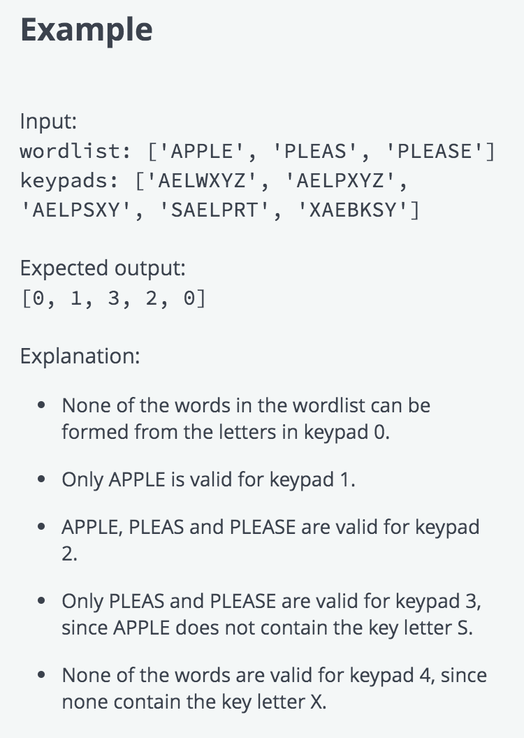 The keypads each have 7 keys, containing 7 distinct letters. Each keypad