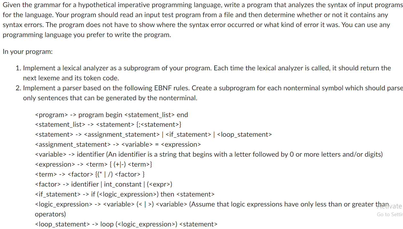  Given the grammar for a hypothetical imperative programming language, write a