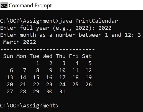 displays the calendar for a given month of the year. The program