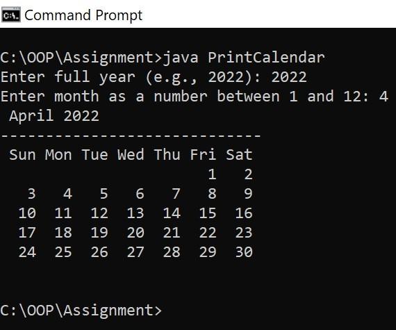 prompts the user to enter the year and the month, then displays