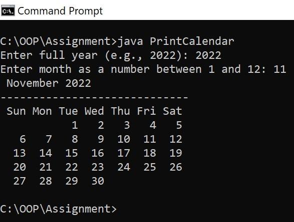 the entire calendar for the month, as shown in the following sample