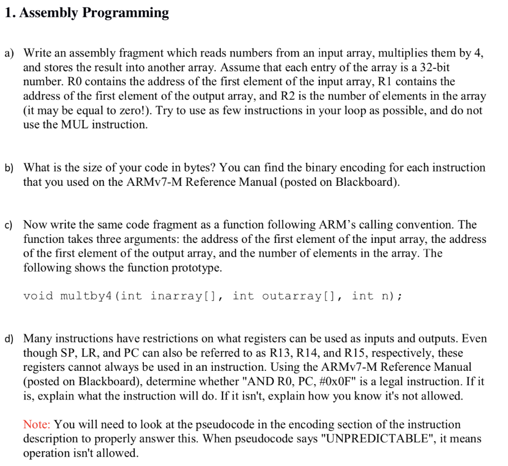  1. Assembly Programming a) Write an assembly fragment which reads numbers
