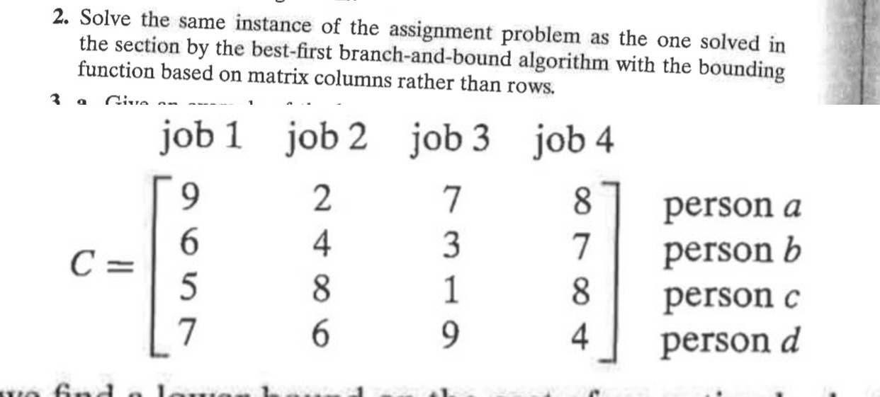  Solve the same instance of the assignment problem as the one