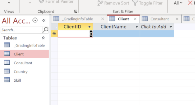 Relationships window still open, add the Skill table, and create a one-to-many
