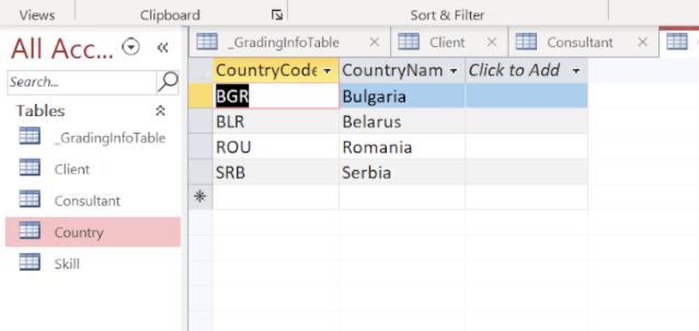 relationship between the Skill table and Consultant table using the common SkillCode