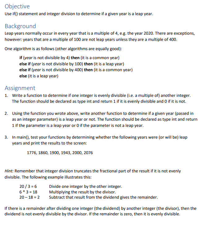 In C please Objective Use if() statement and integer division to determine