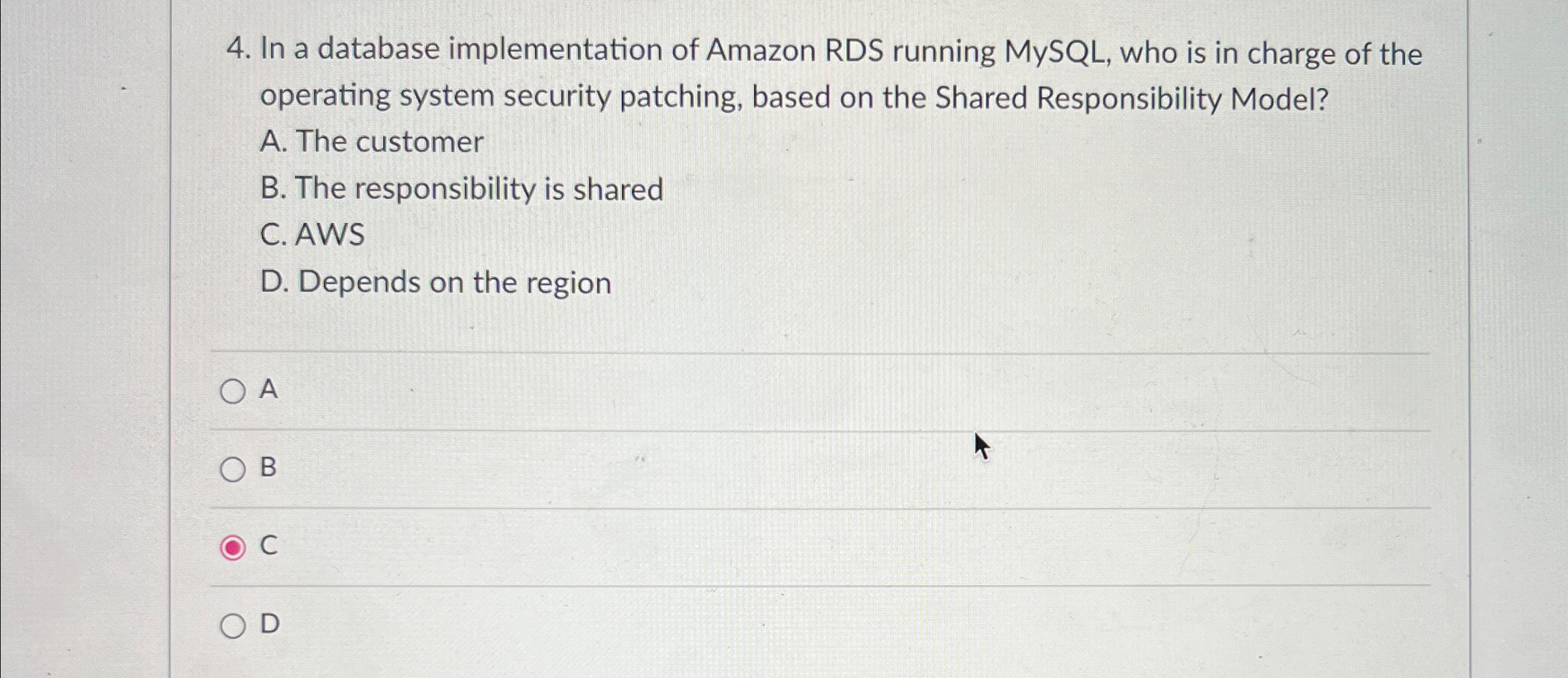  In a database implementation of Amazon RDS running MySQL, who is