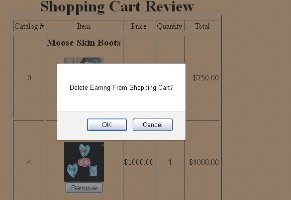 the Review Cart button without purchasing anything results in the following alert