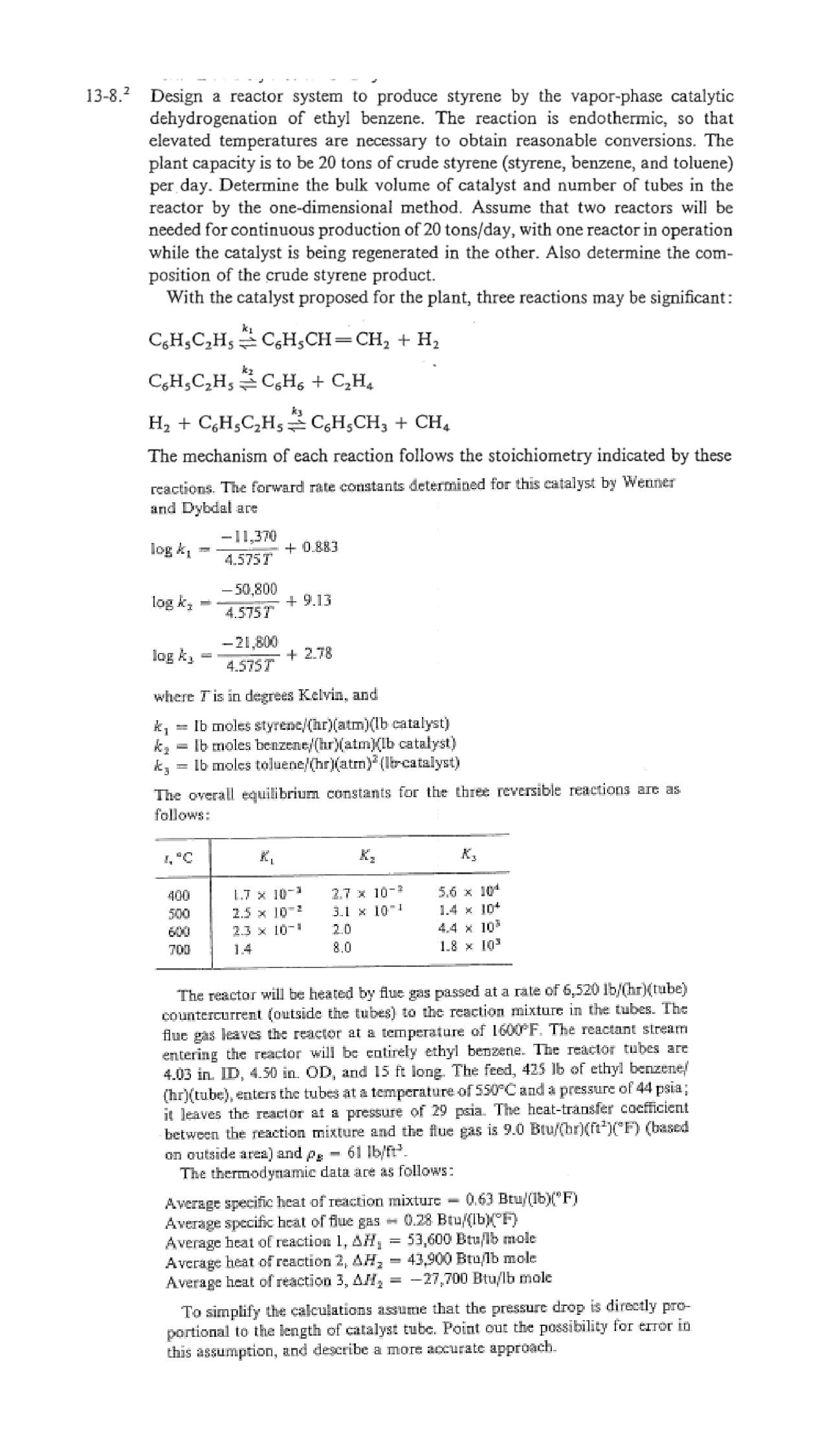  CHEMICAL ENGINEERING KINETCS J. M. SMITH SECOND EDITION 13-8. Design a