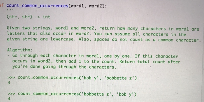  ef count_common_occurrences(word1, word2): (str, str) -> int Given two strings, word1