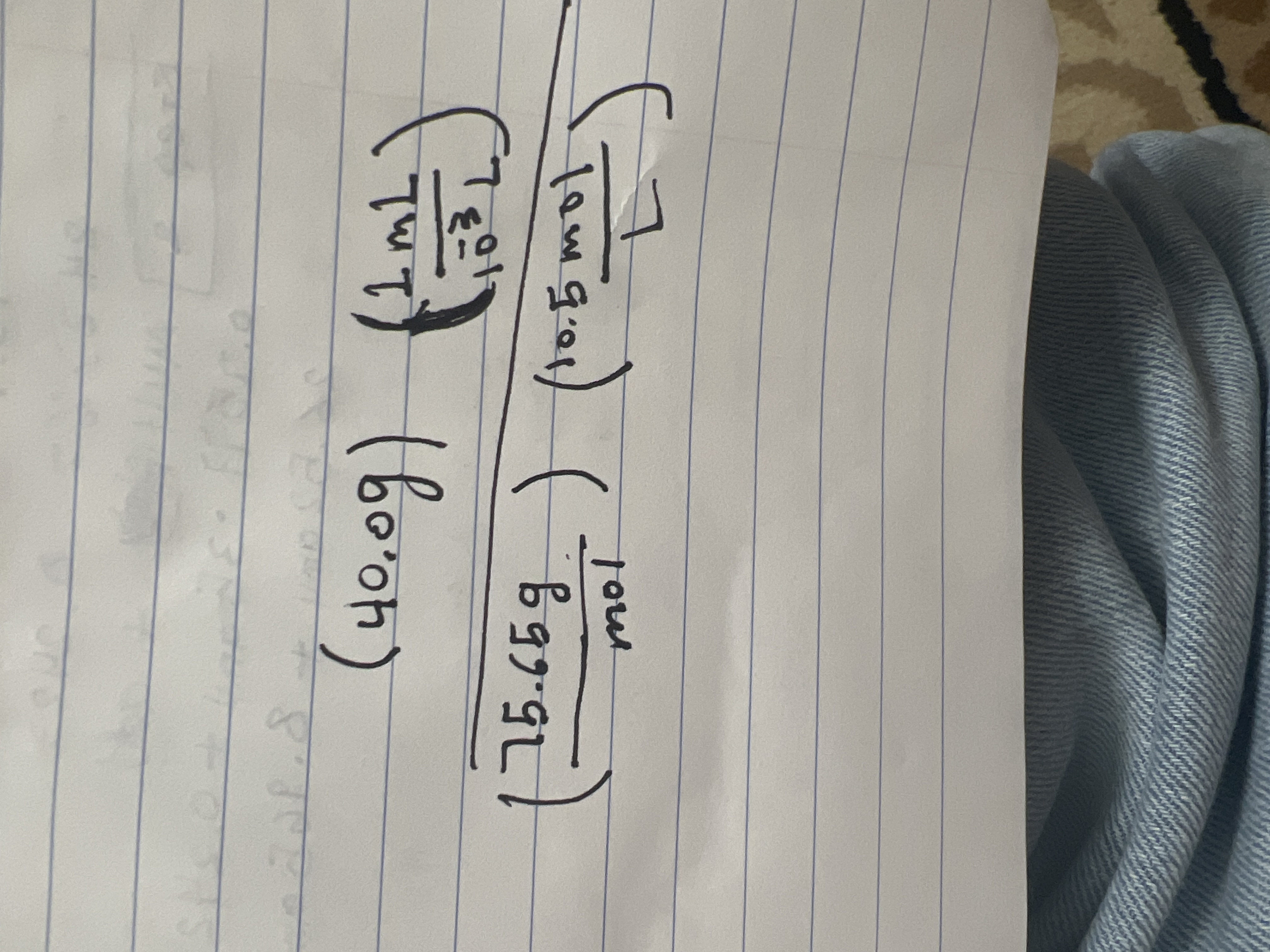  please simplify the units with steps ((40.0g) *( 1mL/10-3L))(/75.65g/mol) * (10.5mol/L)