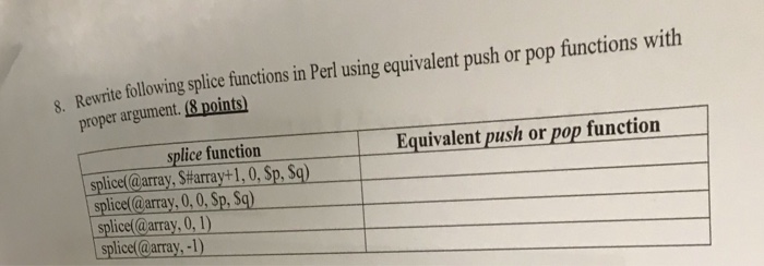  Rewrite following splice functions in Perl using equivalent push or pop