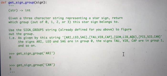  def get.sign group(sign): (str) -> int Given a three character string
