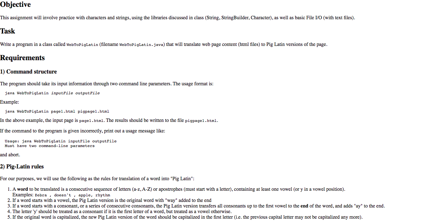  Objective This assignment will involve practice with characters and strings, using