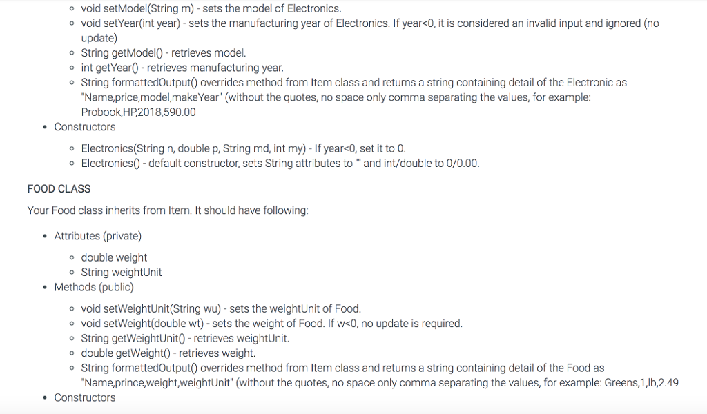 e-commerce shopping cart. These require classes Item, Electronics, Food, Dress, Cart and