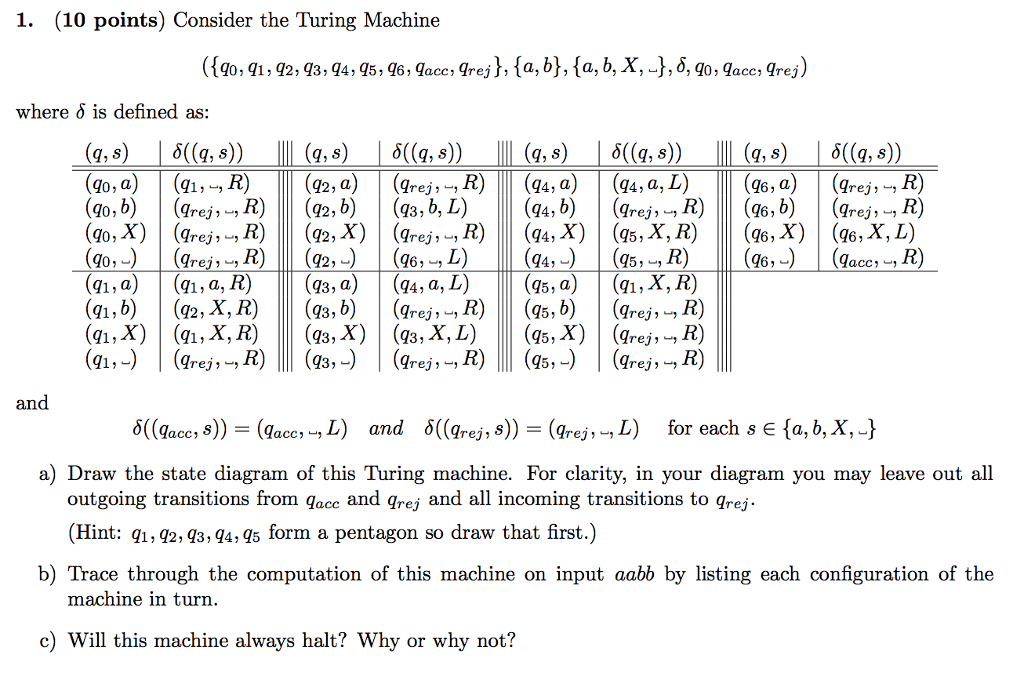  1. (10 points) Consider the Turing Machine where is defined as: