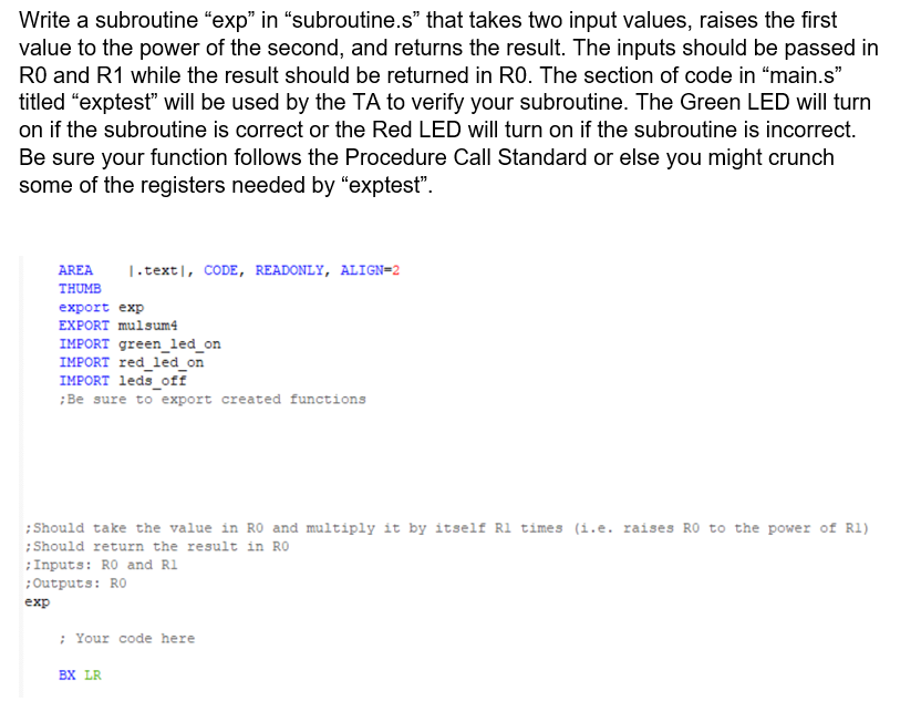 Write a subroutine "exp" in "subroutine.s" that takes two input values,