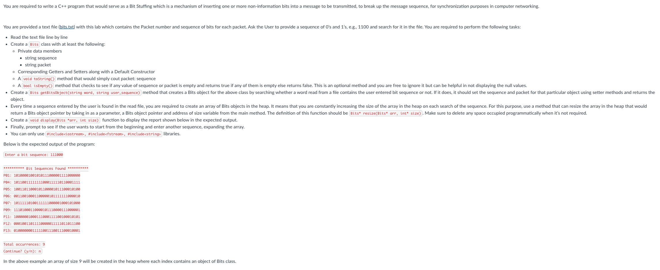 Please help with this C++ code, I have attached what the bits.txt