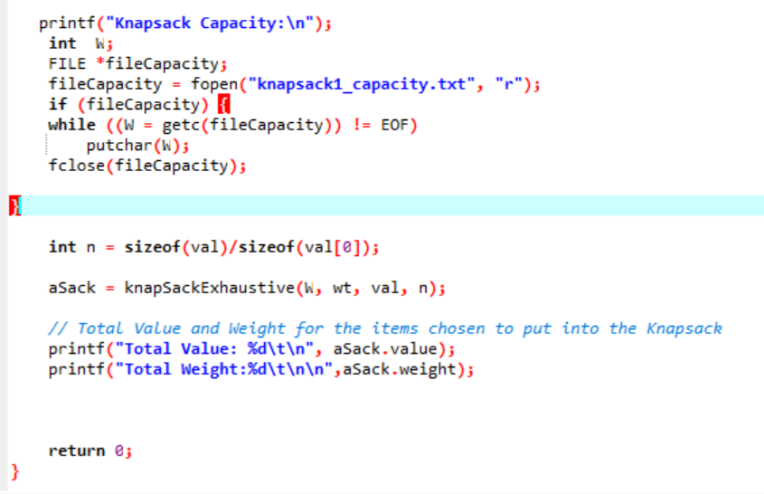 into the array wt[] and val[]? Text Files: knapsack1_values.txt: 24,13,23,15,16 knapsack1_weights.txt: 12,7,11,8,9