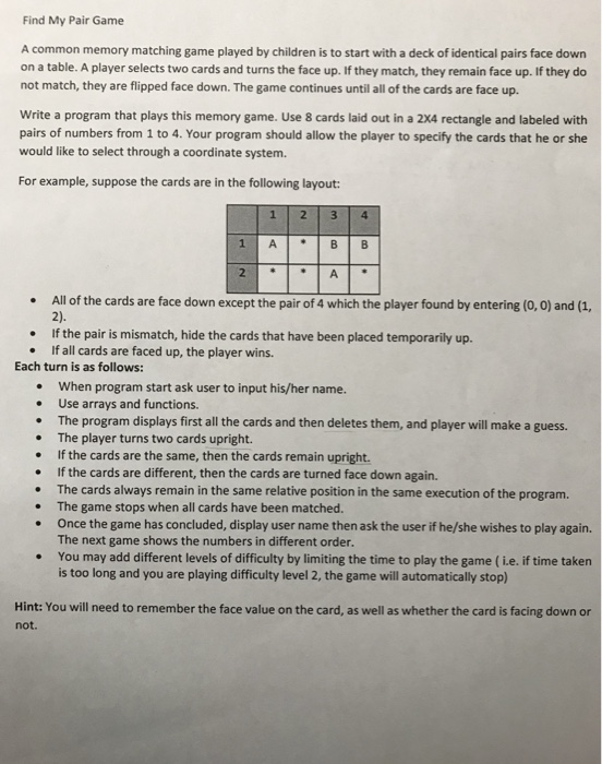  Using C language Find My Pair Game A common memory matching