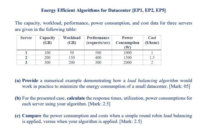  The capacity, workload, performance, power consumption, and cost data for three