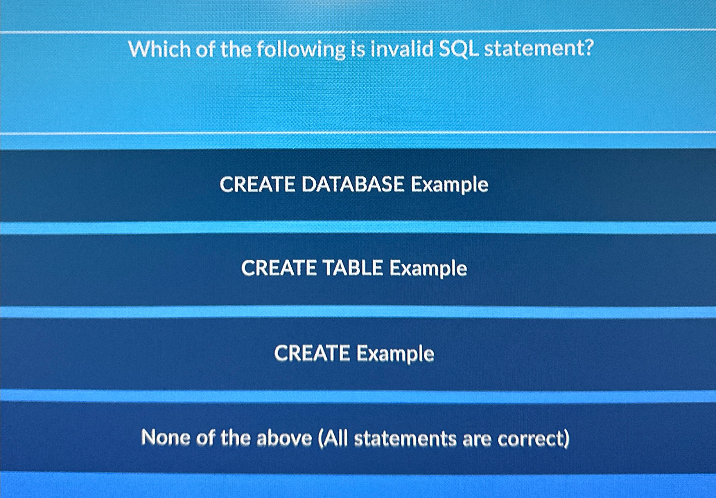  Which of the following is invalid SQL. statement? CREATE DATABASE Example