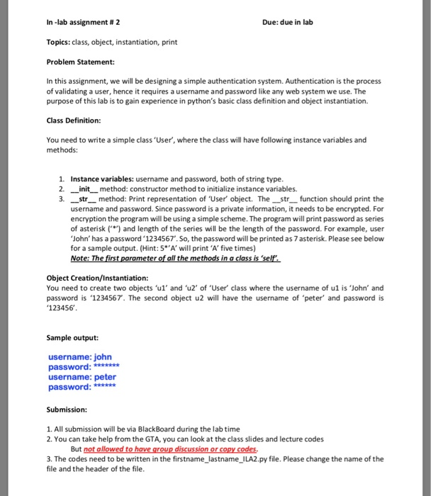  Due: due in lab In-lab assignment # 2 Topics: class, object,