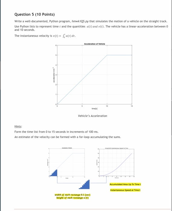 Python lists to represent time t and the quantities aft) and v(t).