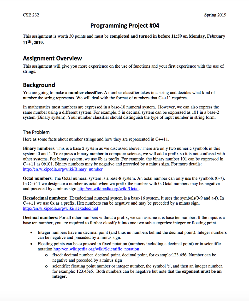  CSE 232 Spring 2019 Programming Project #04 This assignment is worth