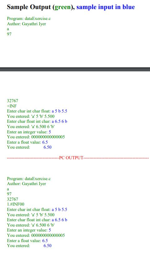 dataExercise.c that declares the following variables and displays their values: 1. Declare