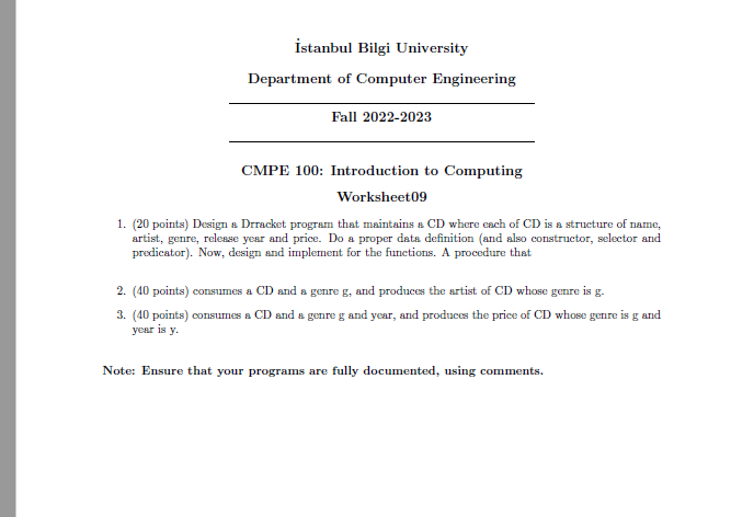 1. (20 points) Design a Drracket program that maintains a CD where